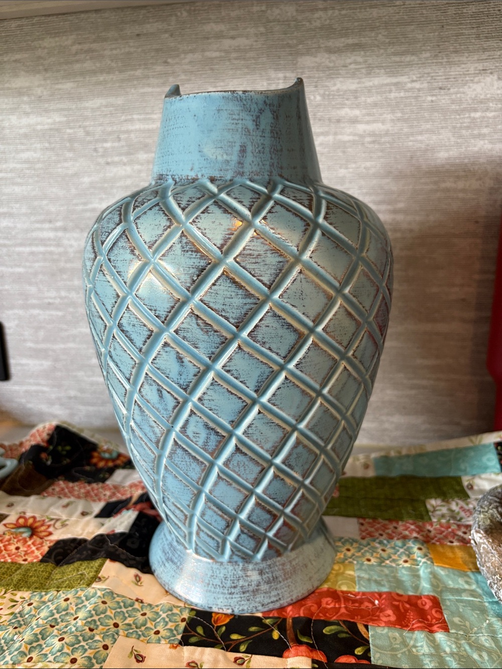 Vintage Decorative Ceramic Vase Aqua W Gold Sheen Overglaze Cross Hatch Pattern